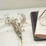 A still life with open books, glasses, and a dry flower conveying a vintage aesthetic.